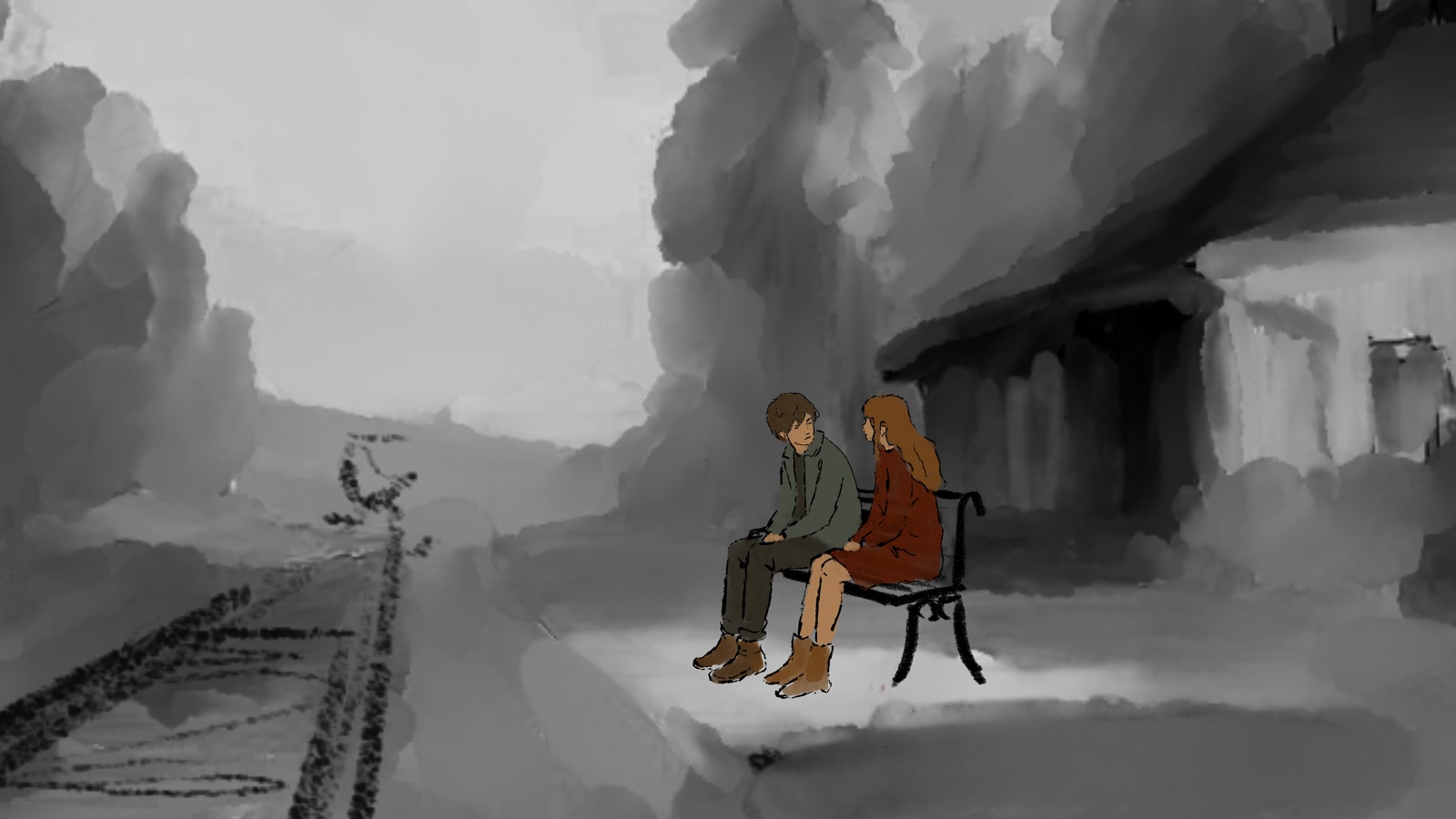 Early rough composition of the couple waiting beside a railway