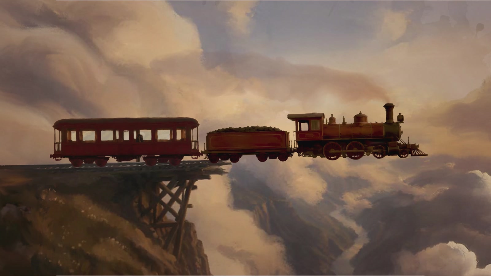 A train suspended above a bridge in a cloud-filled sky