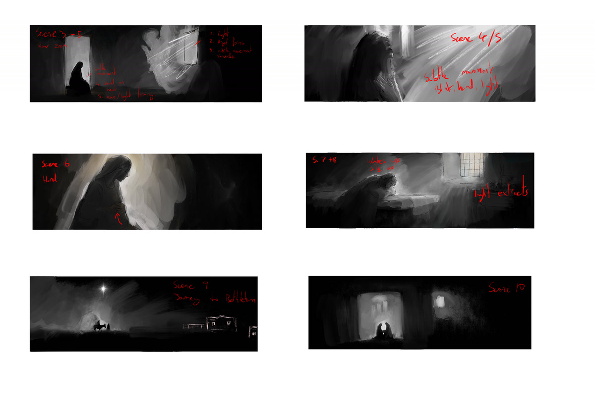 Annotated tonal storyboard frames