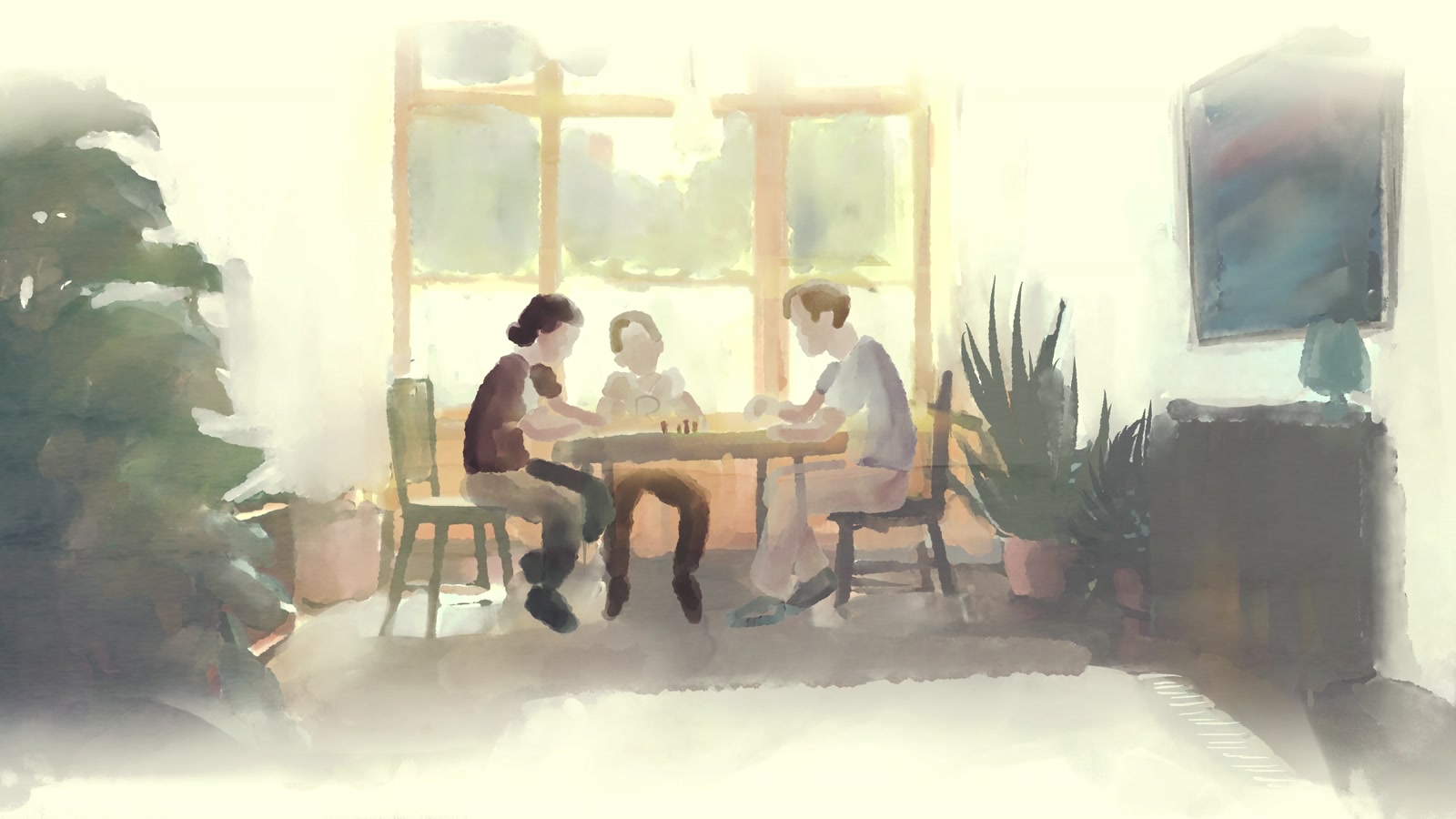 A family gathered around a table in a hand-painted interior