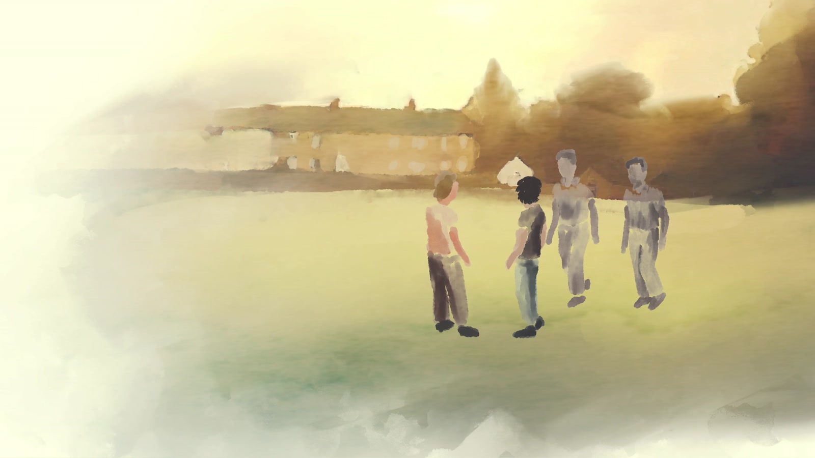 Three boys standing in a sunlit painted field