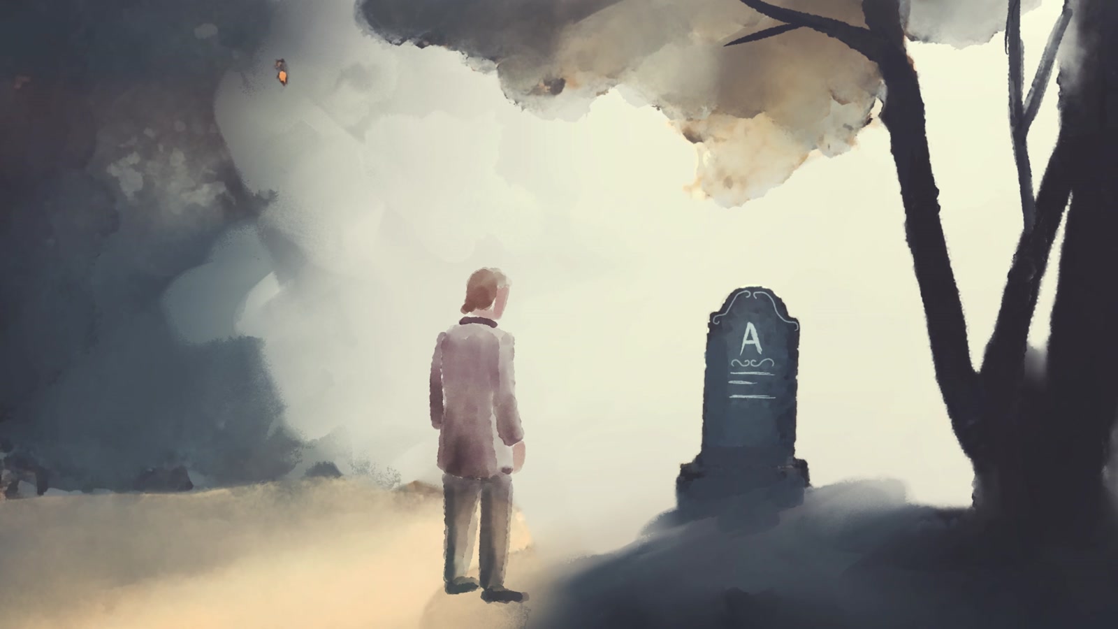 A man standing beside a grave in a pale painted landscape