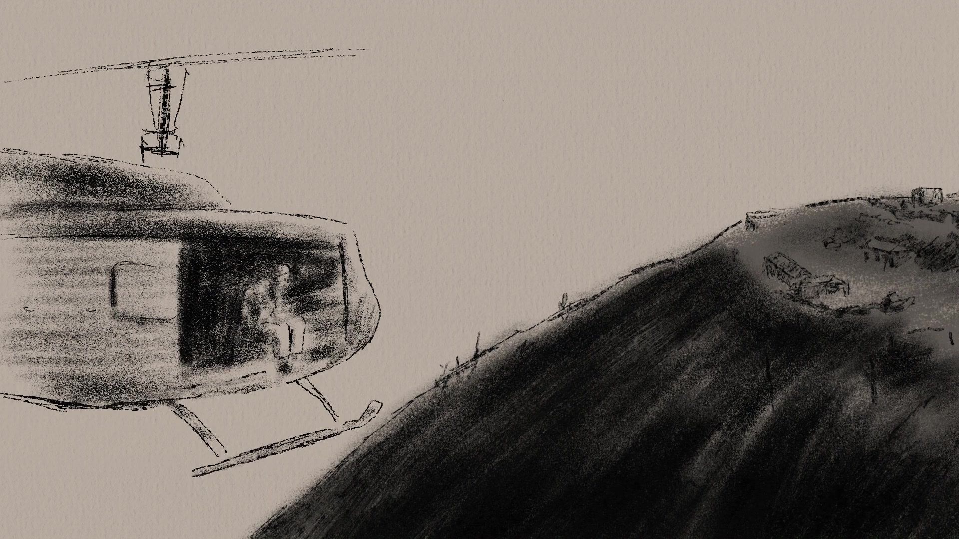 Helicopter drawn into a charcoal landscape
