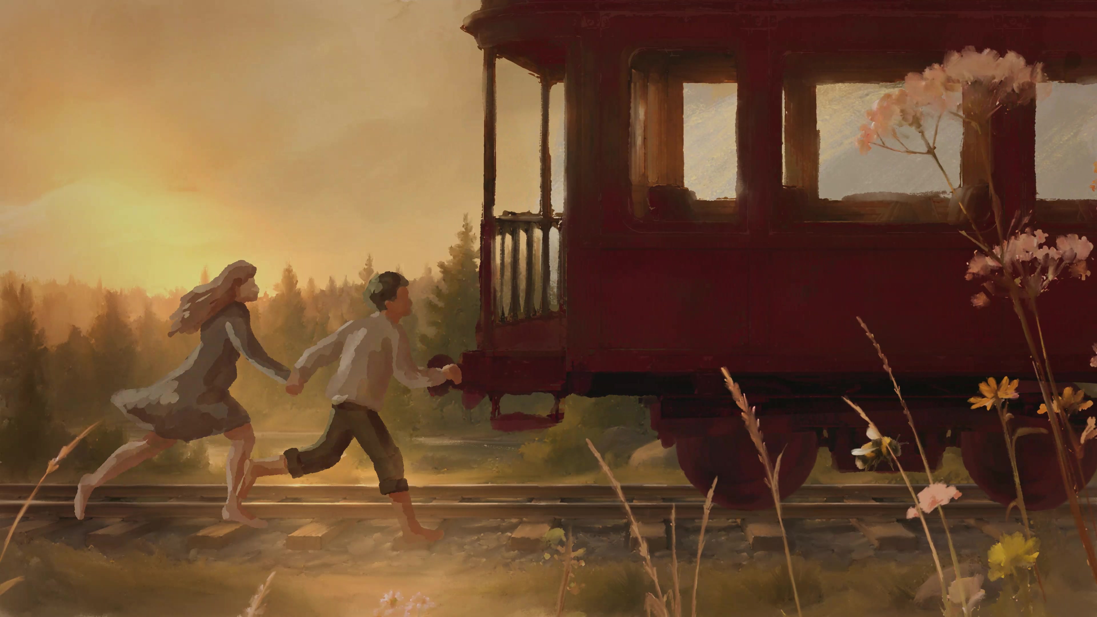 A couple running to board a train in the sunset