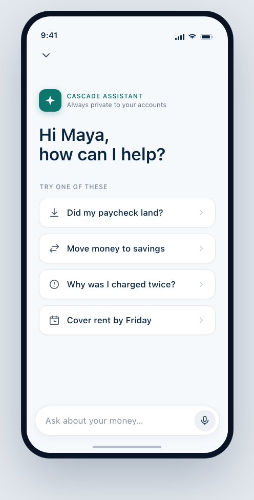 Conversational banking assistant entry screen with greeting and suggested prompts