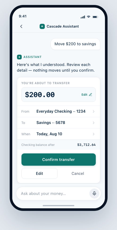Transfer confirmation review card before money moves