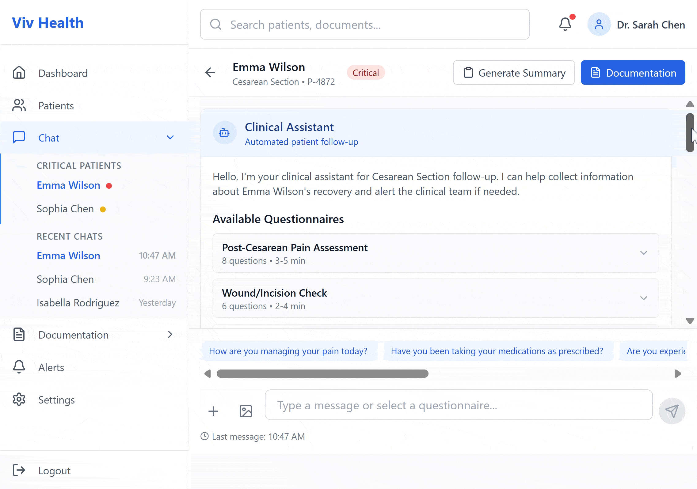 image of viv health software scrolling through a patient provider chat