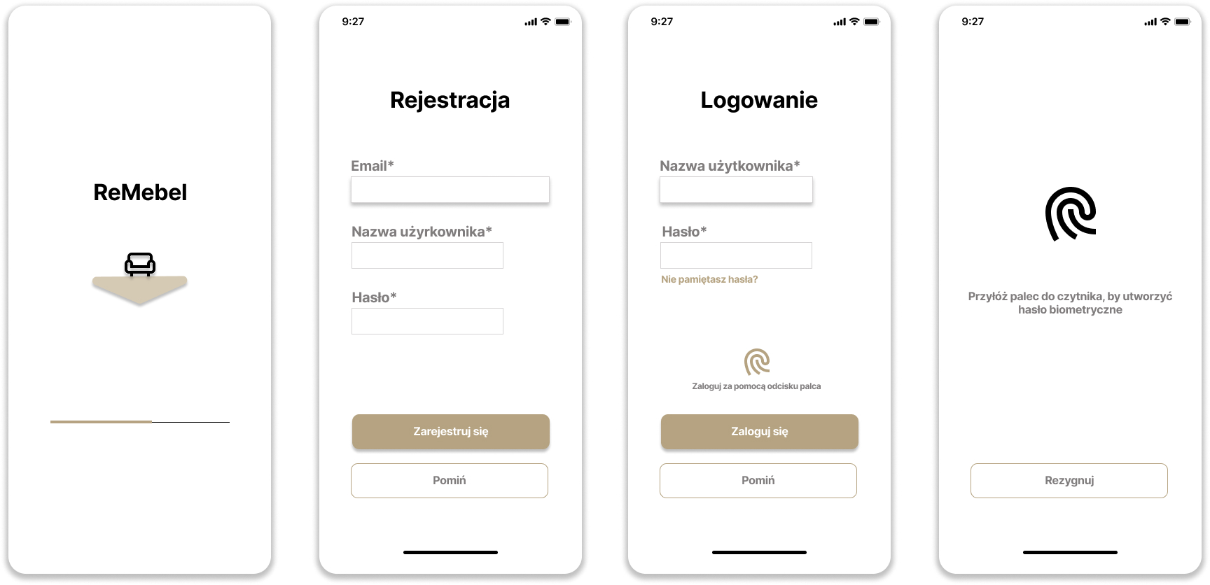 obraz 4 ekranów mobile z sekcji splash, rejestracja, logowanie oraz logowanie odciskiem palca