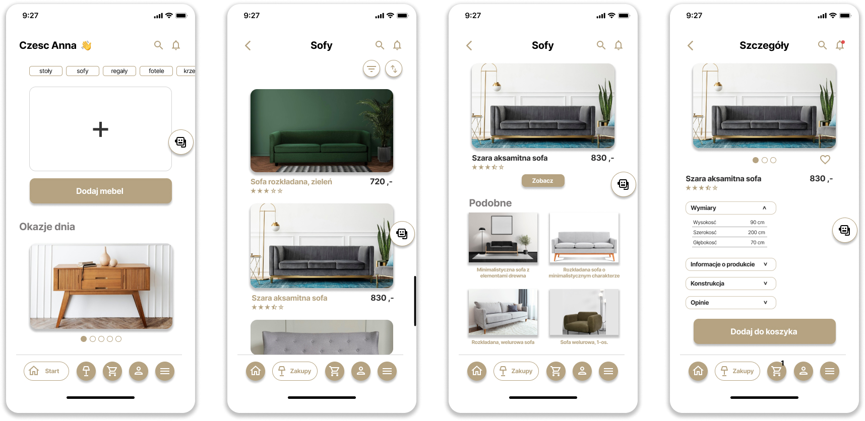 obraz 4 ekranów mobile zawierających sekcję home page, sofy, szczegóły wybranej sofy