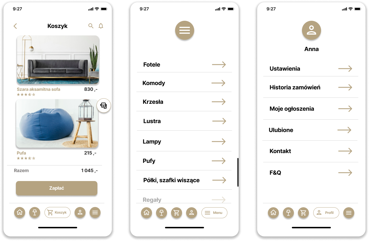 obraz 3 ekranów mobile z sekcji koszyk, menu i profilu użytkownika