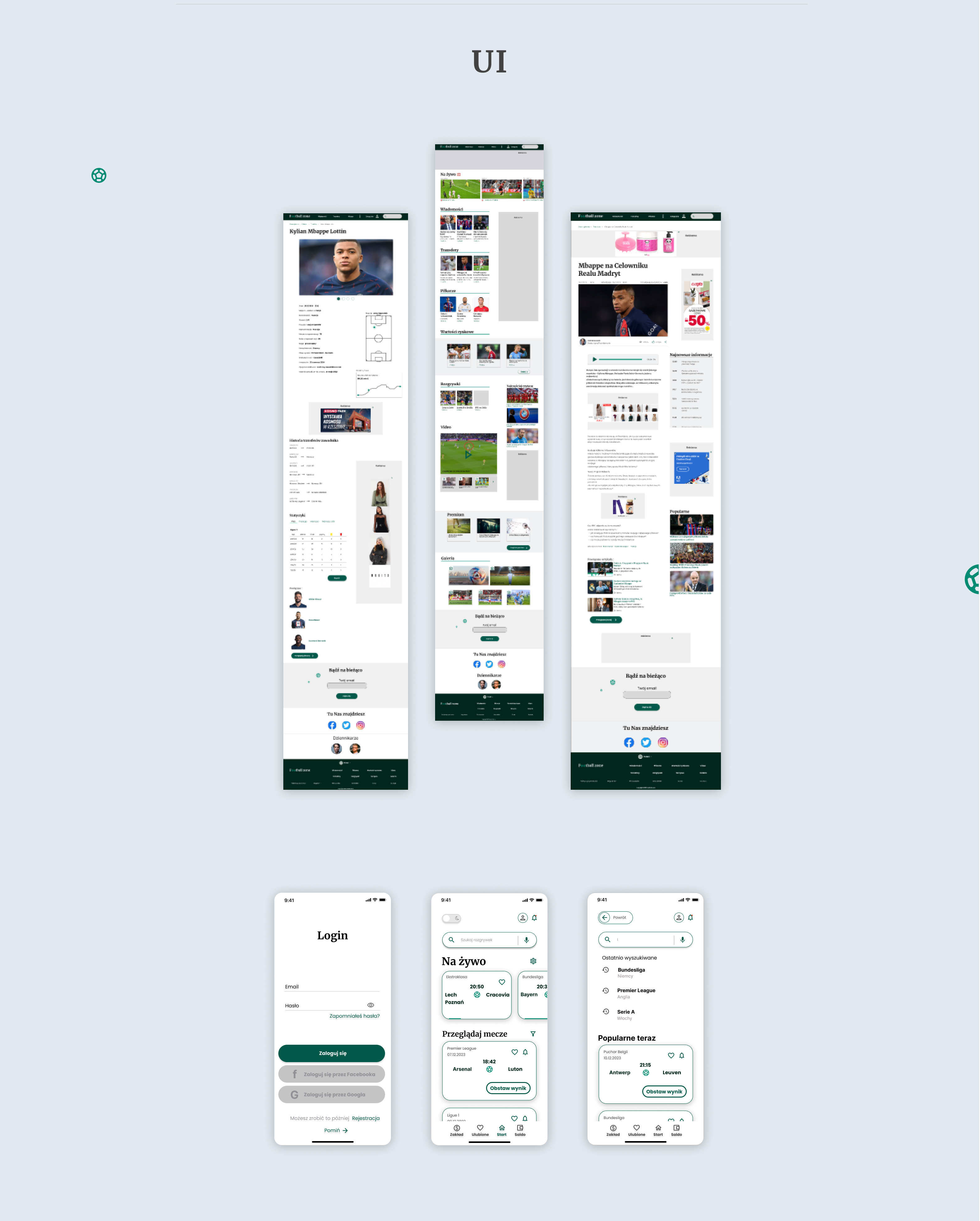 sześć ekranów przedstawiających stronę www i aplikację