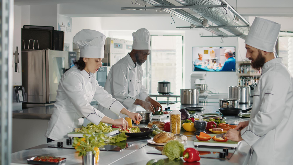 Chefs try a recipe in their commercial kitchen