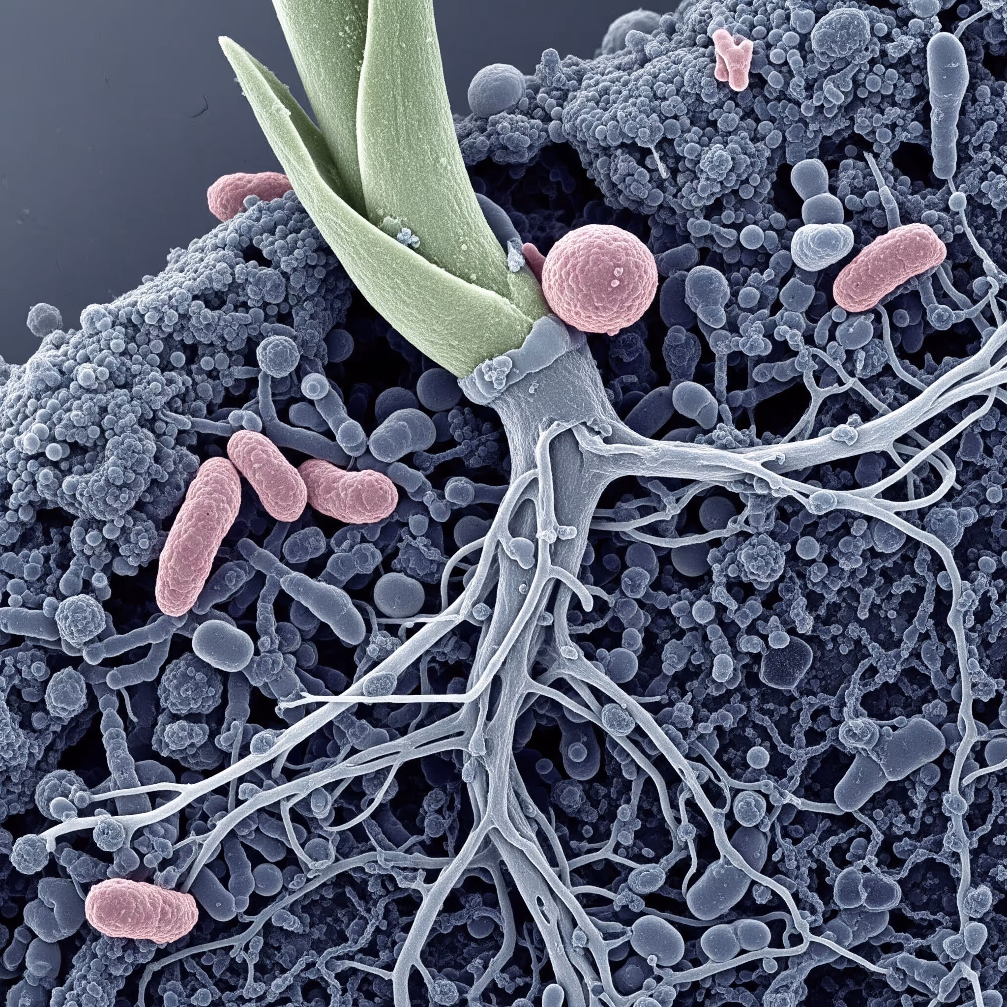 Microscopic view of beneficial soil microbes and bacteria surrounding plant roots.