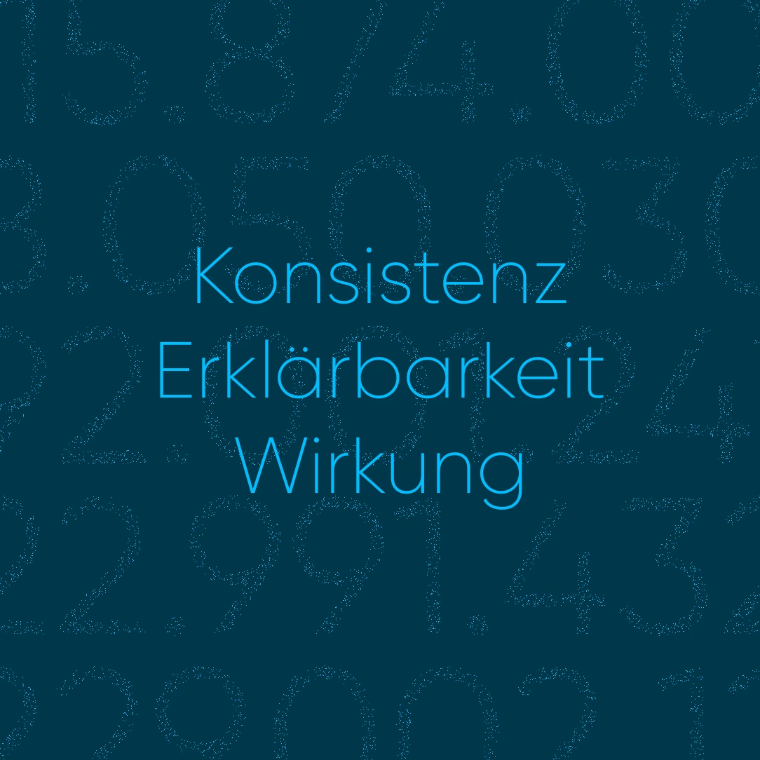 Wörter: Konsistenz, Erklärbarkeit, Wirkung auf blauem Hintergrund.