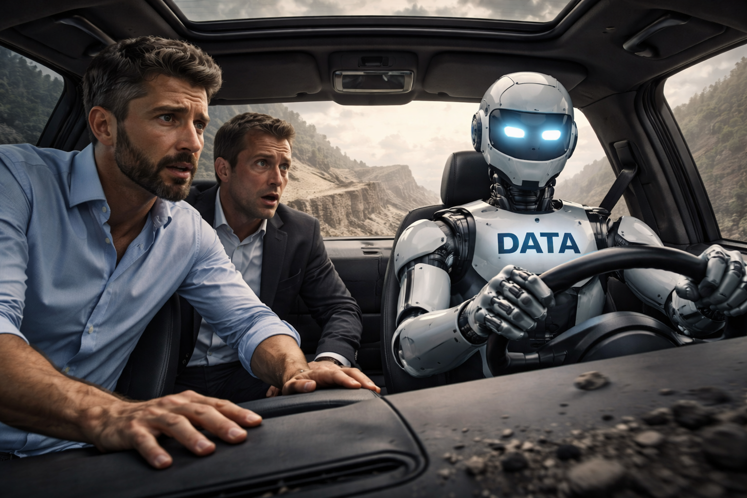 Ein Daten-Roboter steuert ein Auto mit zwei besorgten Mitarbeitern auf eine Dirt-Road.