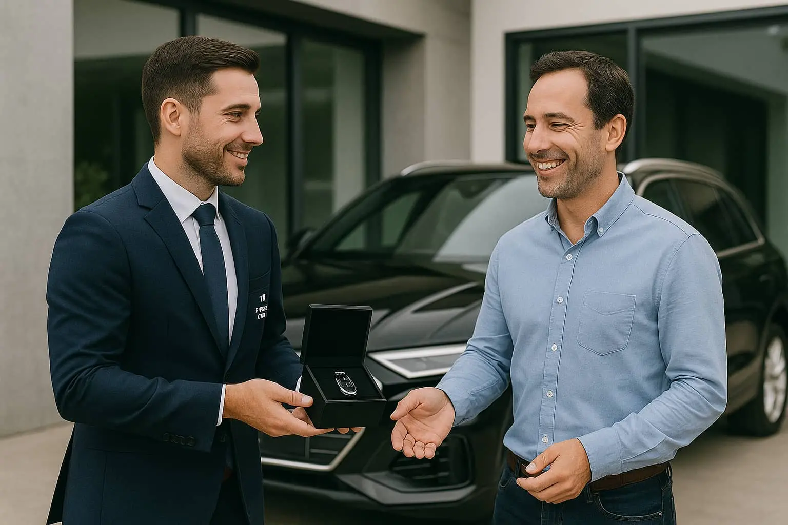 Vendeur automobile remettant une médaille à un client satisfait, symbolisant la qualité de service chez MJ Premium