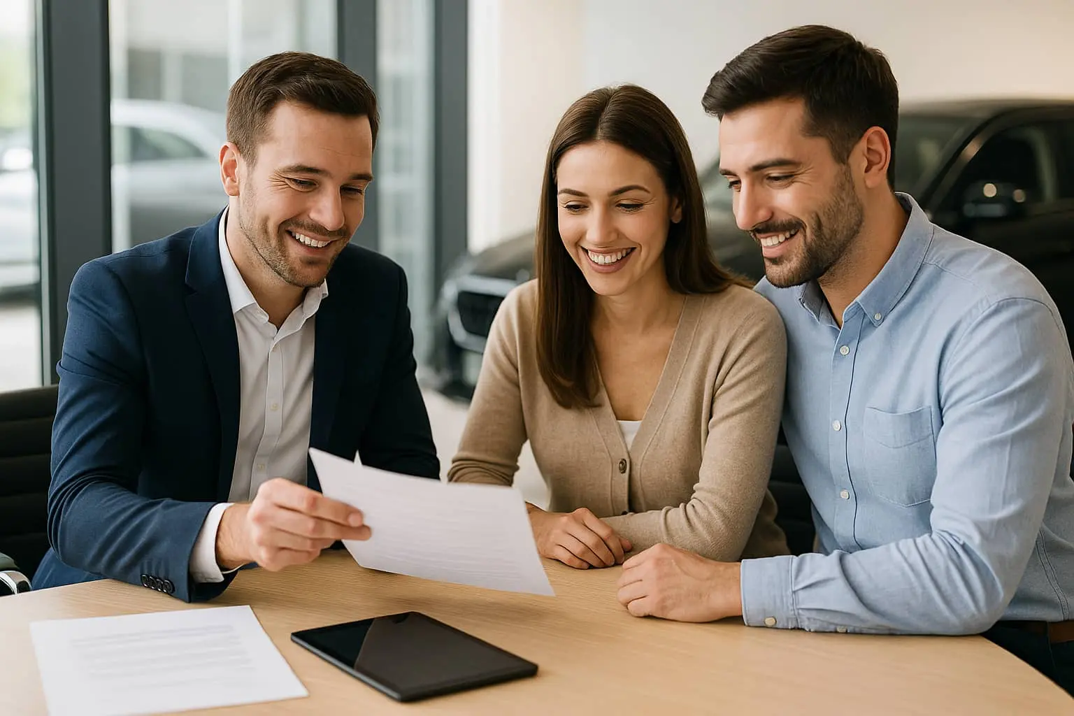 Vendeur expliquant clairement des documents à des clients, illustrant la transparence et la confiance chez MJ Premium