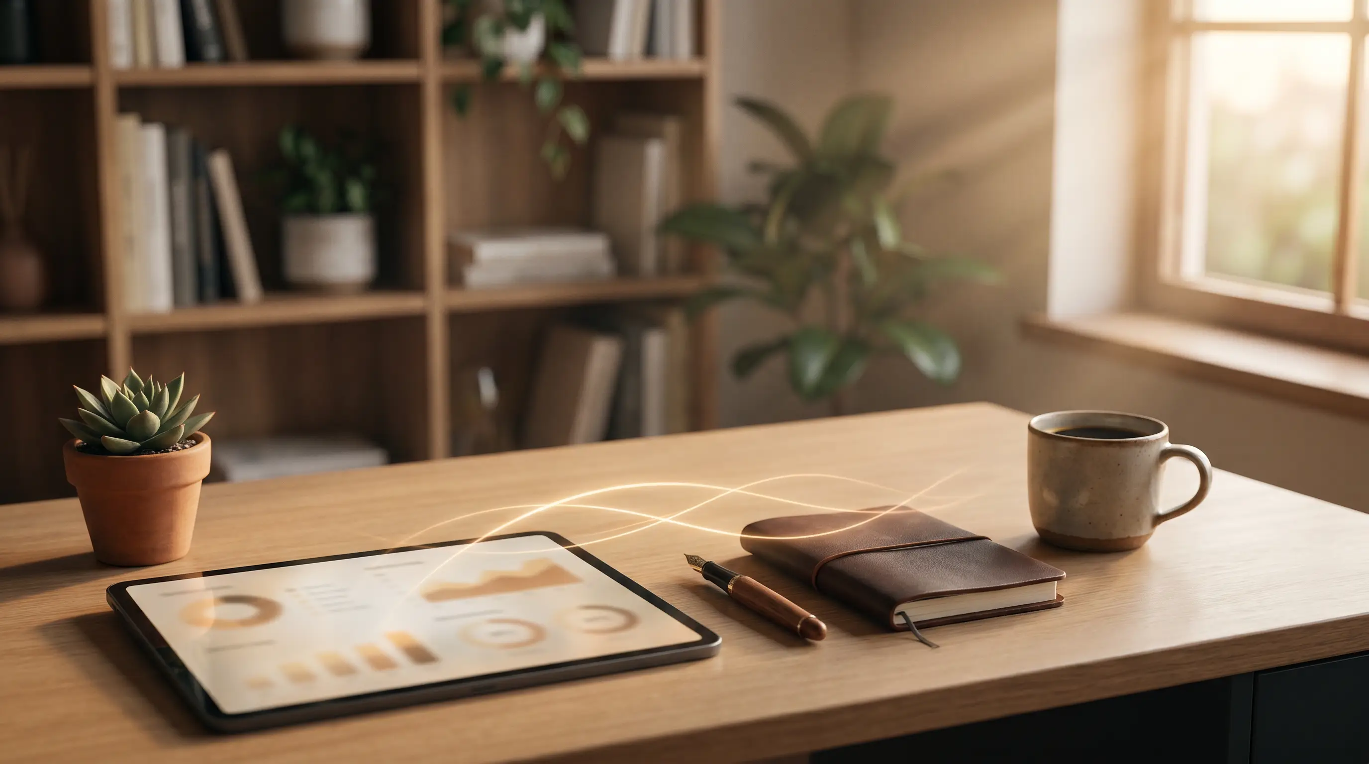 Prozessautomatisierung fuer KMU mit n8n und Make.com - warmes minimalistisches Workspace-Setup
