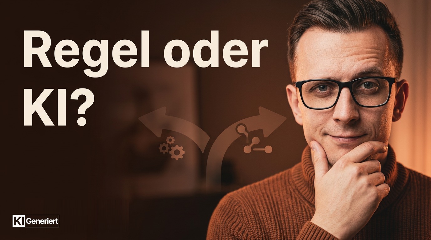 Danilo a Tellinghusen nachdenklich mit der Headline Regel oder KI vor einer Entscheidungsgrafik