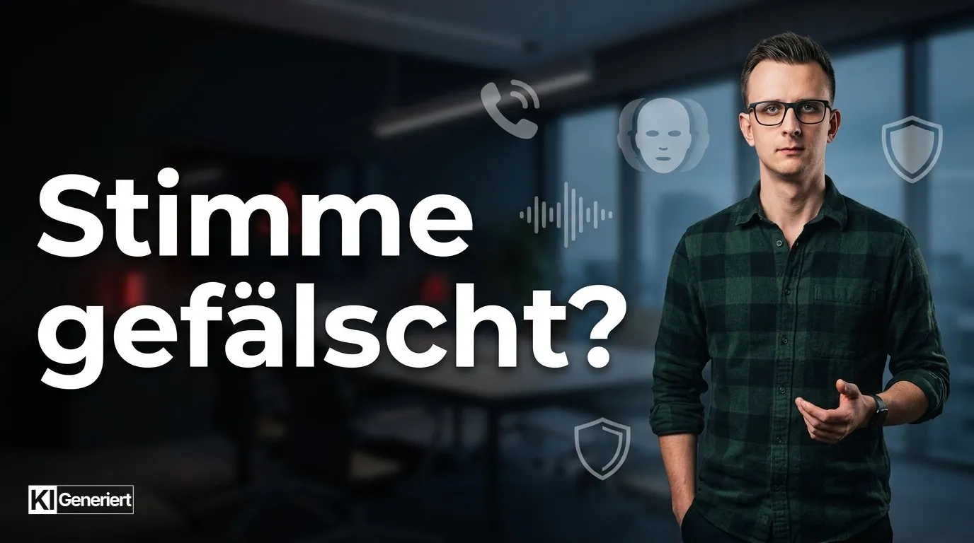 Danilo à Tellinghusen vor dunklem Büro-Hintergrund mit der Headline Stimme gefälscht