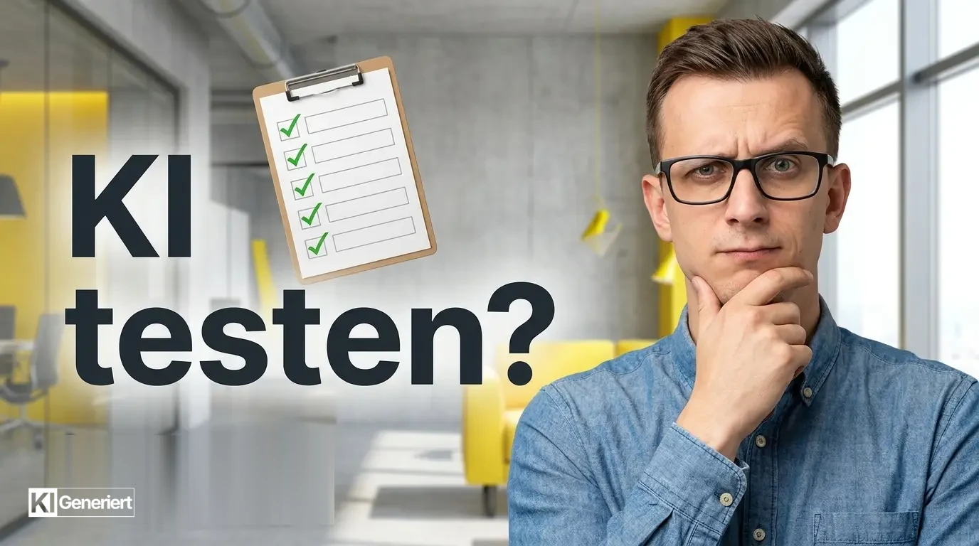 Danilo à Tellinghusen nachdenklich mit Checkliste und Headline KI testen?