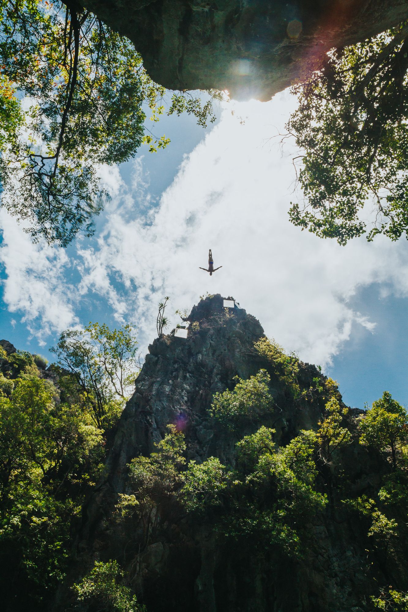 A person jumping from a cliff with vegetation around.