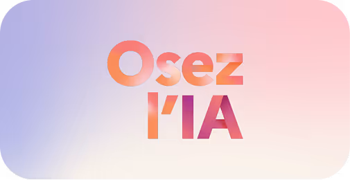 Texte coloré dégradé avec les mots « Osez l'IA » sur un fond dégradé pastel rose et violet.