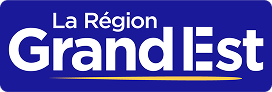 Logo de La Région Grand Est avec texte blanc sur fond bleu.
