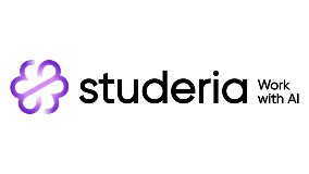 Logo violet et noir de Studeria avec un symbole abstrait à gauche et le texte « Studeria Work Office » à droite.