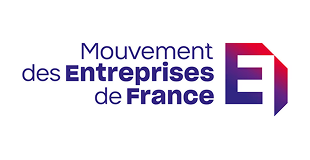 Logo du Mouvement des Entreprises de France avec les initiales MEF stylisées en rouge et violet.