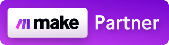 Badge de partenaire Make avec logo sur fond violet dégradé.
