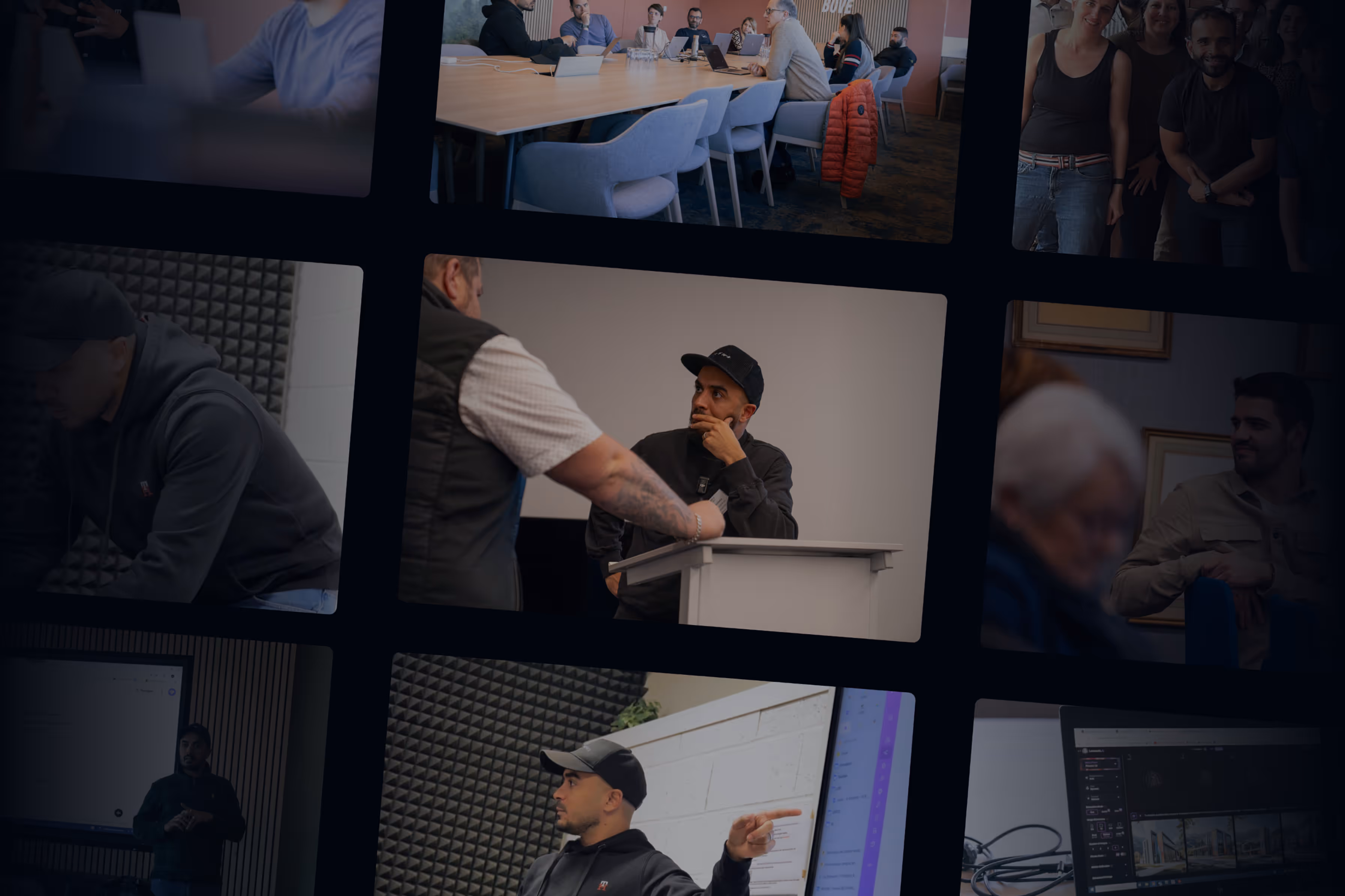 Collage de plusieurs photos montrant des personnes en réunion, en discussion et en train de travailler dans un environnement de bureau.