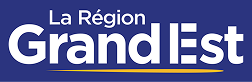 Logo de la Région Grand Est sur fond bleu avec un trait orange en dessous.