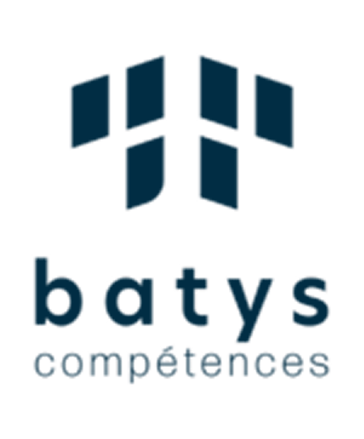 Logo de batys compétences avec formes géométriques noires, bleues et vertes au-dessus du texte.