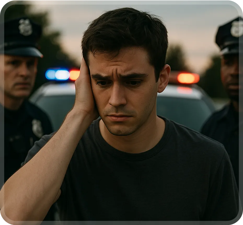 A distressed young man stands with his hand on his head, behind him are police officers and a patrol car with flashing lights.