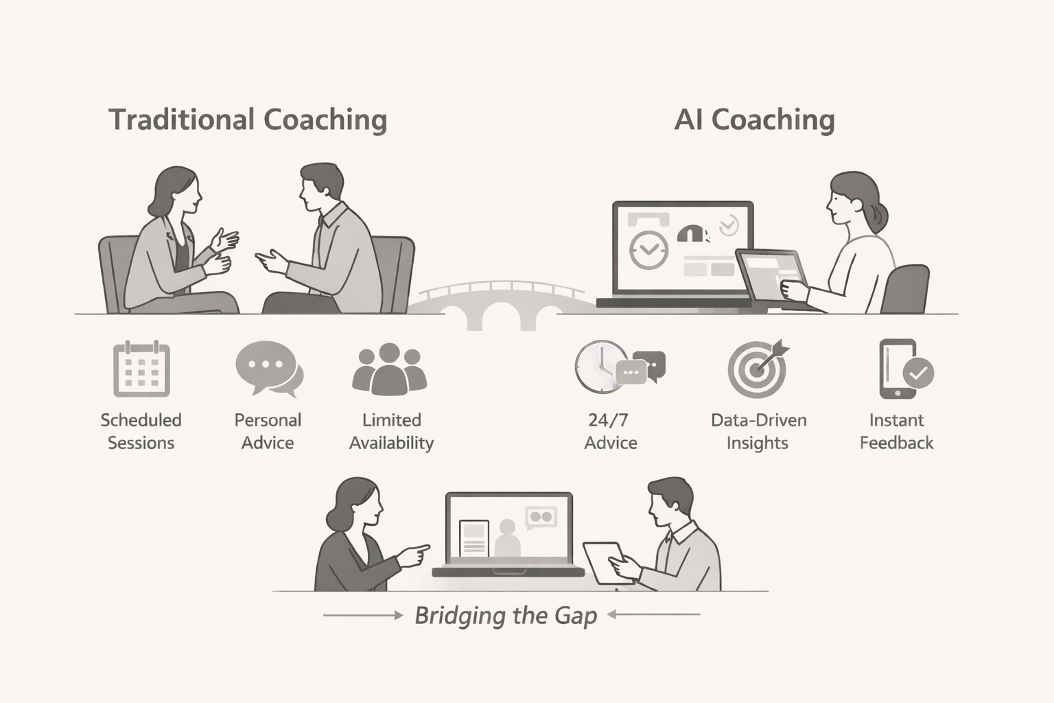 AI communication coach vs human coaching comparison chart showing benefits like cost, scalability, and availability in the workplace