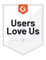 G2-Abzeichen mit Text "Users Love Us" in Weiß und Rot
