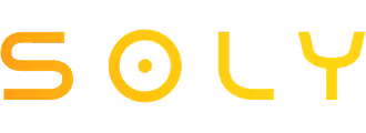 SOLY-Logo in gelben Buchstaben mit minimalistischem kreisförmigem Design