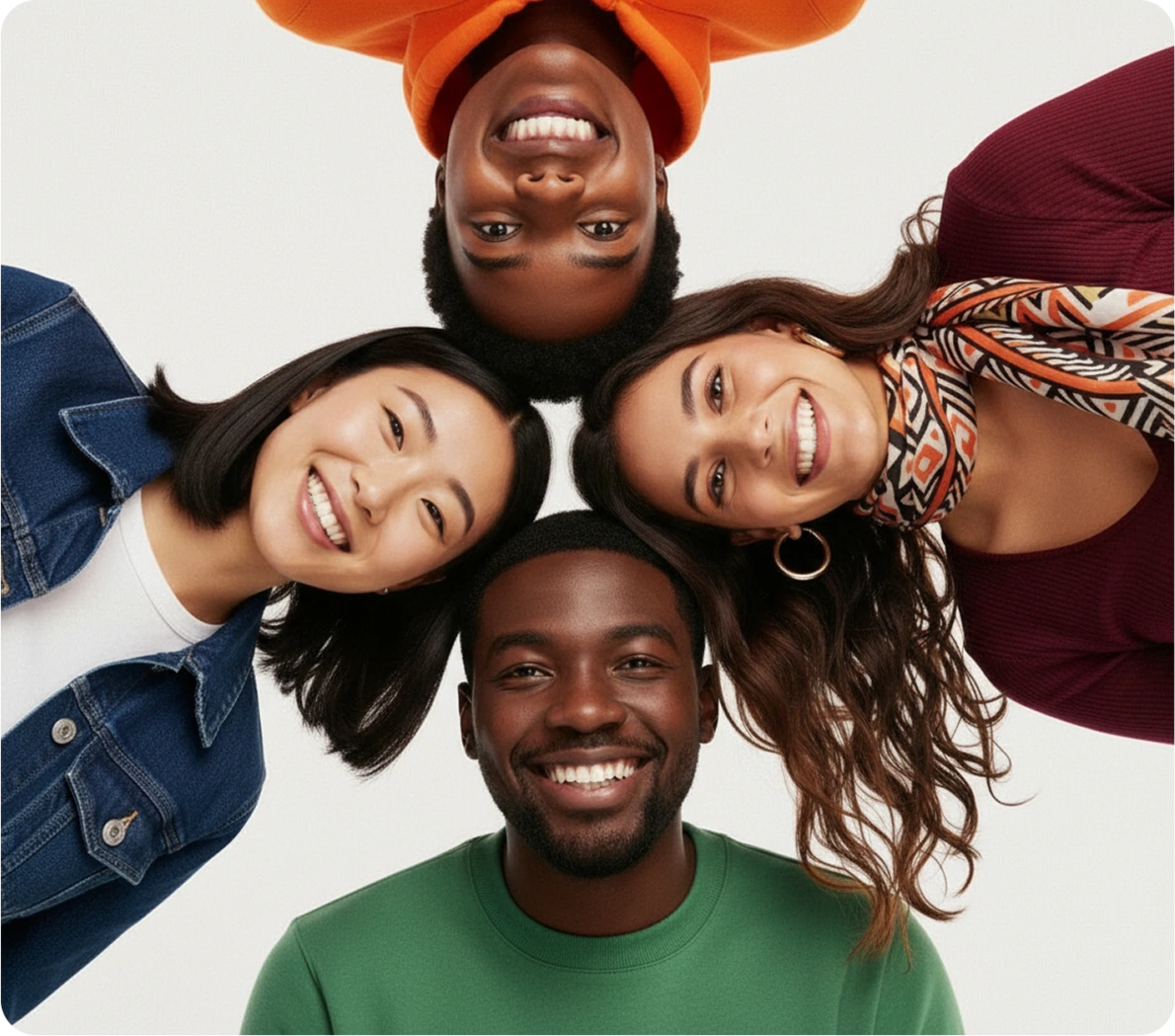 Smiling university students from diverse backgrounds lying in a circle, with badges for Cambridge, Oxford, King’s College London, and UCL, representing TutorToday’s top‑uni tutors