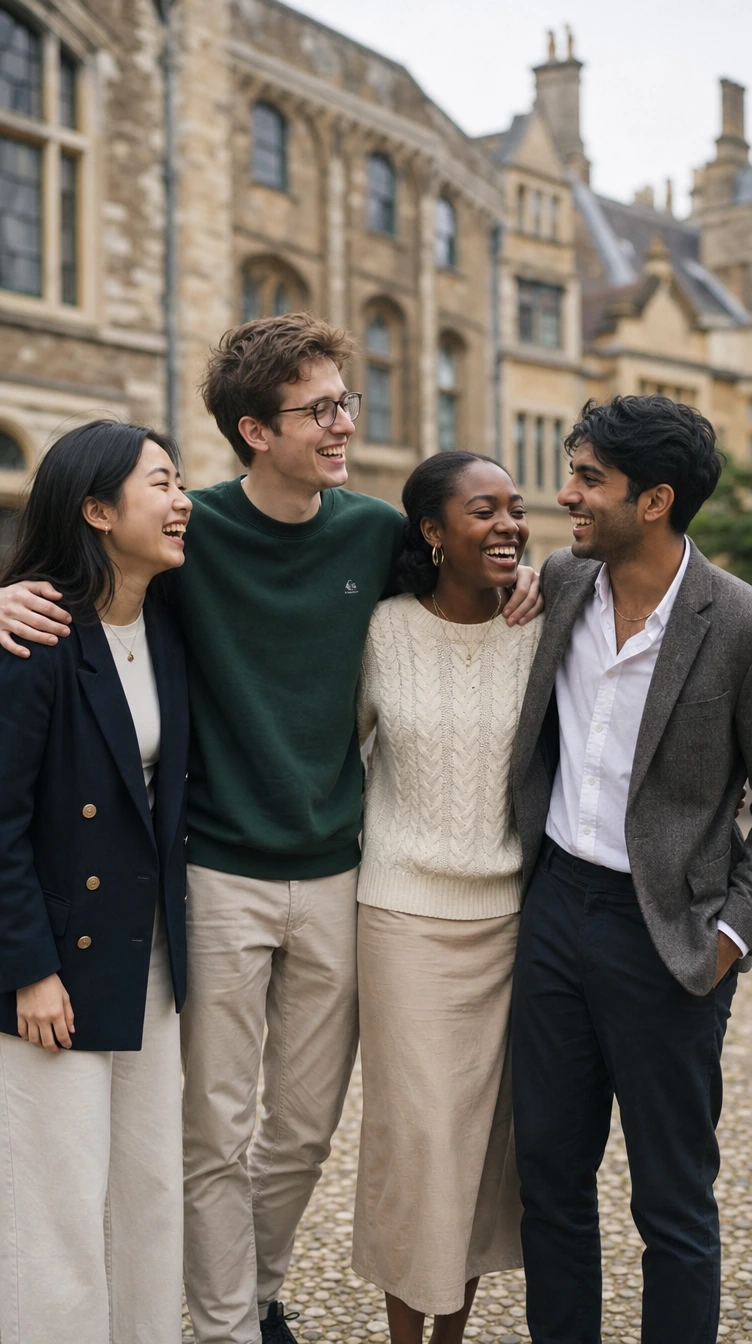 Group of diverse university students smiling outside school, highlighting friendly expert tutors 