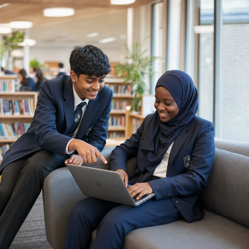 Student demonstrating the TutorToday platform on a laptop to a classmate, explaining how it helps achieve higher grades