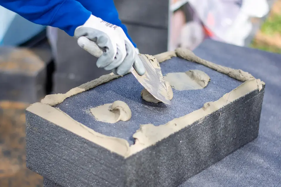 Vakman brengt lijmmortel aan op EPS-isolatieplaat voor gevelrenovatie, essentieel voor duurzame energiebesparing met Energy Protect.