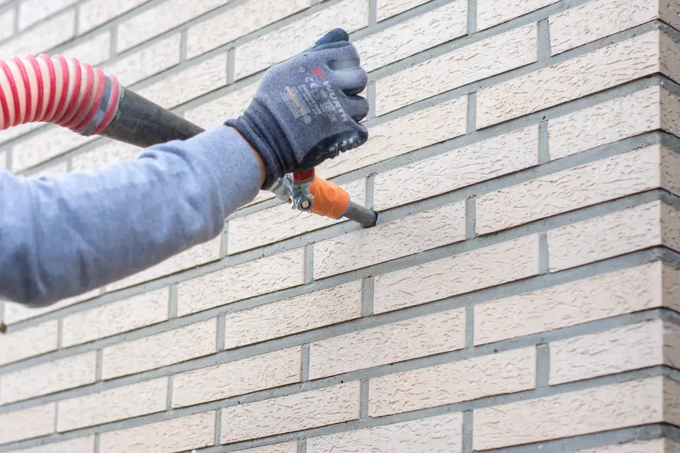 Hand bevestigt inblaasslang in bakstenen muur voor vakkundige spouwmuurisolatie