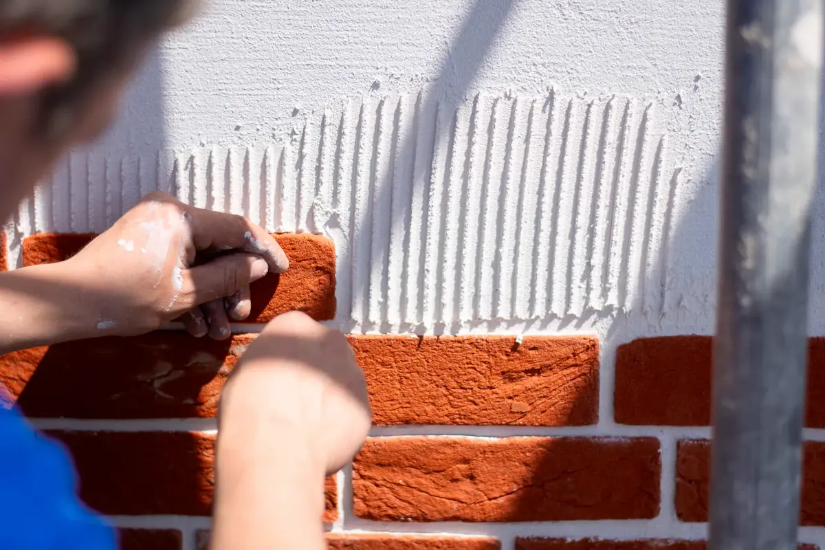 Plaatsing van rode steenstrips op buitenmuur met lijm voor energiezuinige gevelisolatie.