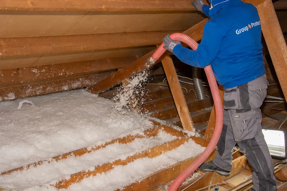 Technieker van Group Protect blaast cellulosevlokken op zoldervloer voor energiezuinige isolatie (Energy Protect)