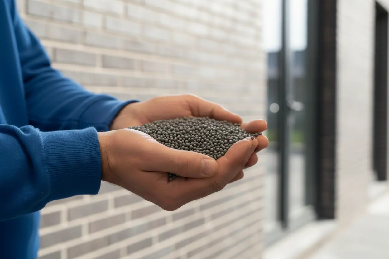 Een medewerker van Energy Protect houdt een handvol grijze EPS-isolatieparels vast voor een bakstenen gevel.
