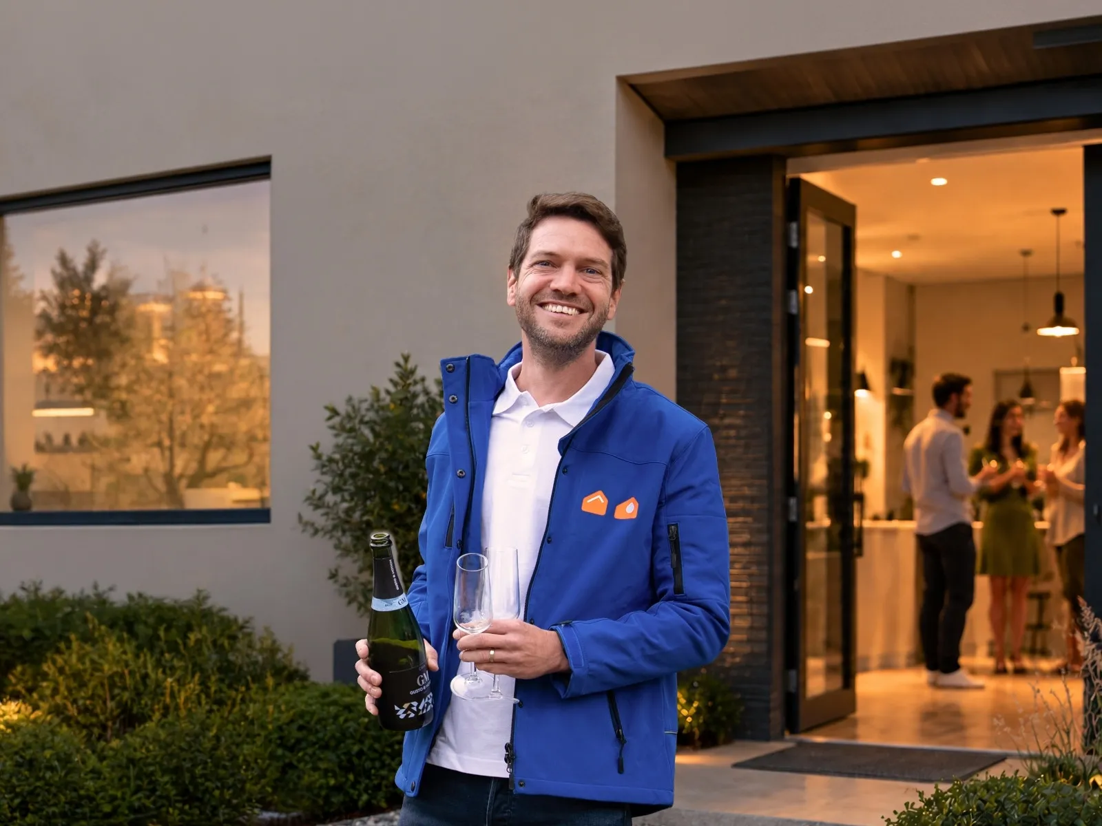 Technieker van Energy Protect met een fles bubbels voor een vernieuwde woning tijdens een housewarming