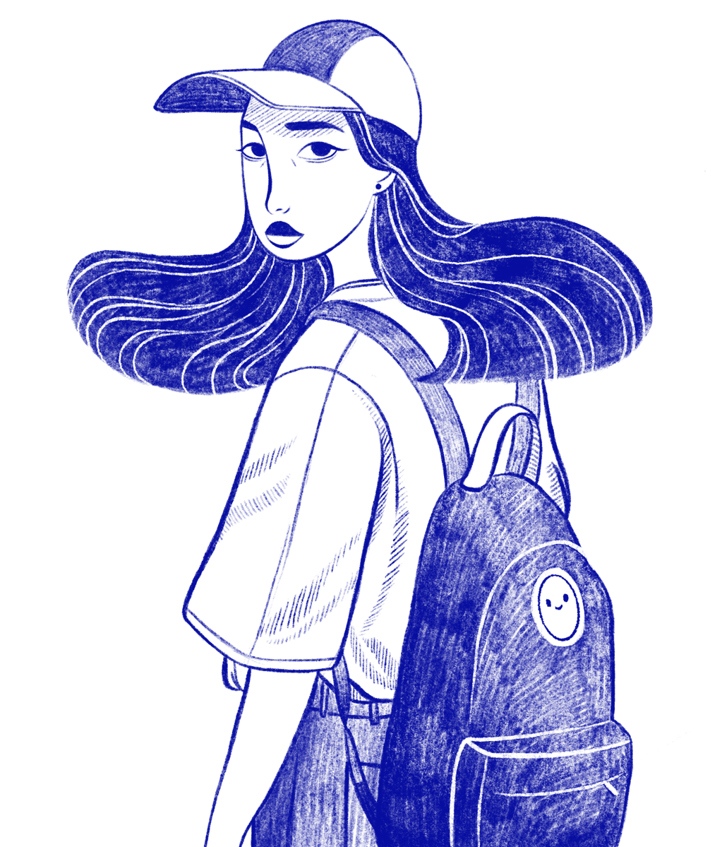 illuctration dessin, fille avec sac à dos