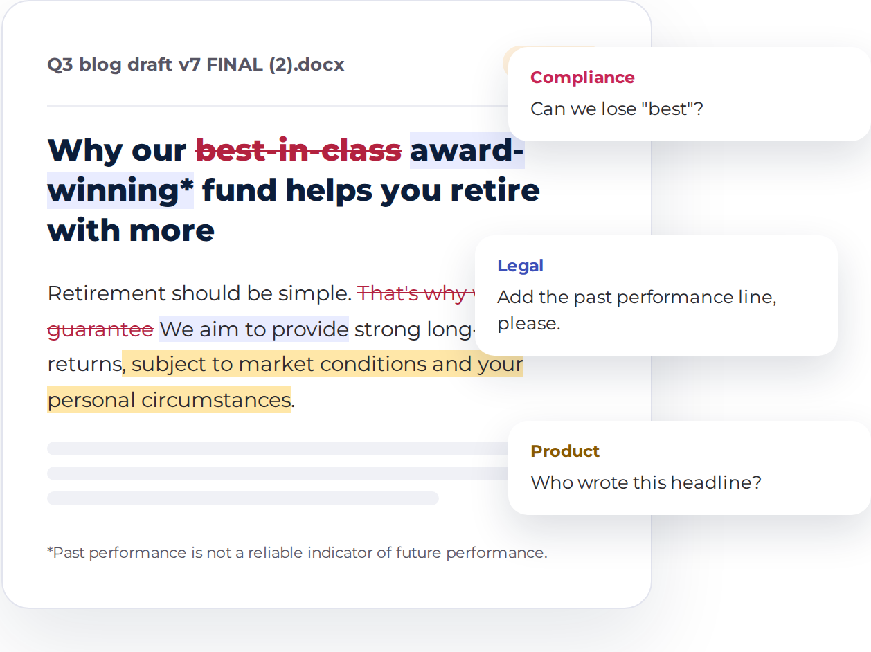 A draft blog post covered in tracked changes and comments from compliance, legal and product