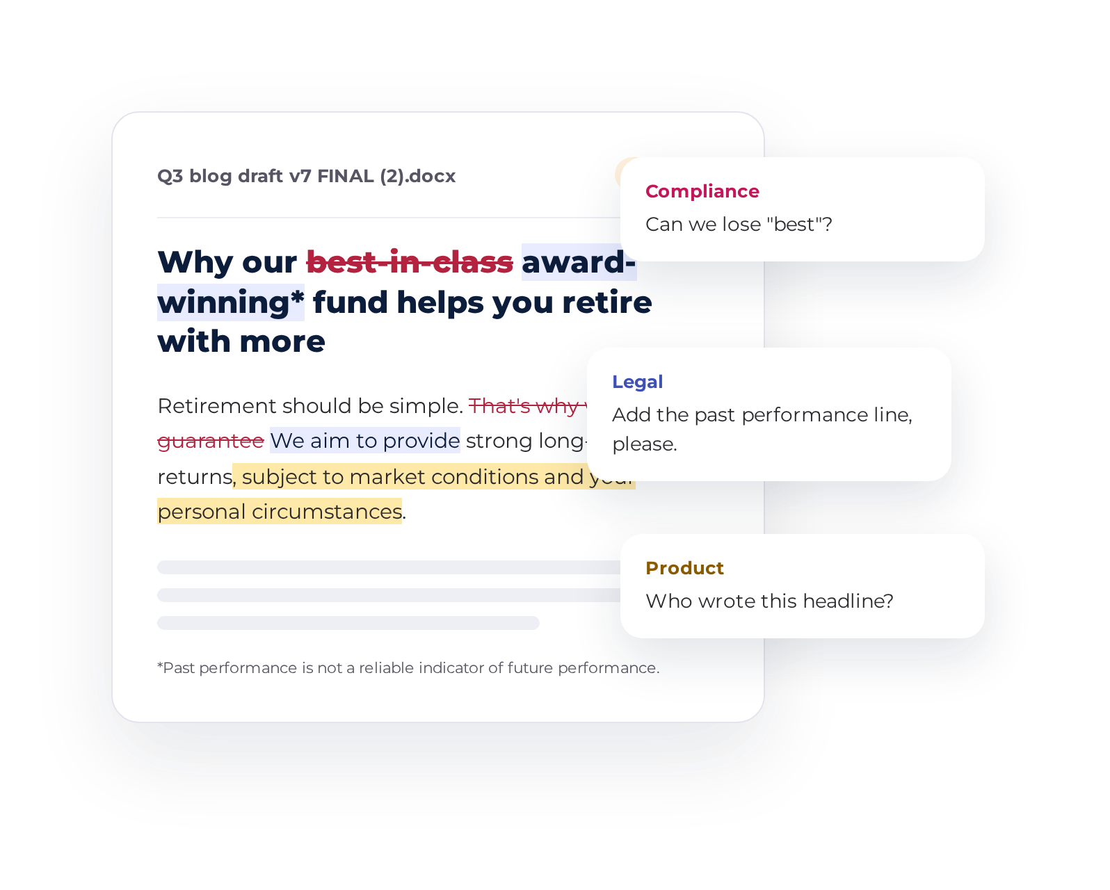 A draft blog post covered in tracked changes and comments from compliance, legal and product